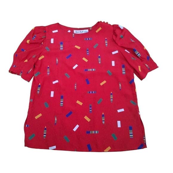 Vintage jaymee papelle Red Confetti Puffed Sleeve Polyester Blouse SZ 10 - Picture 1 of 6